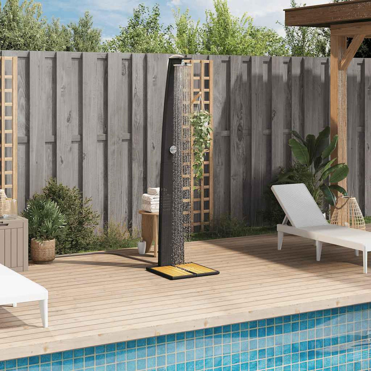 GARTENDUSCHE Schwarz 55/60/224 Cm Poly Rattan Und Akazienholz - Schwarz, Holz (55/224/60cm) - vidaXL