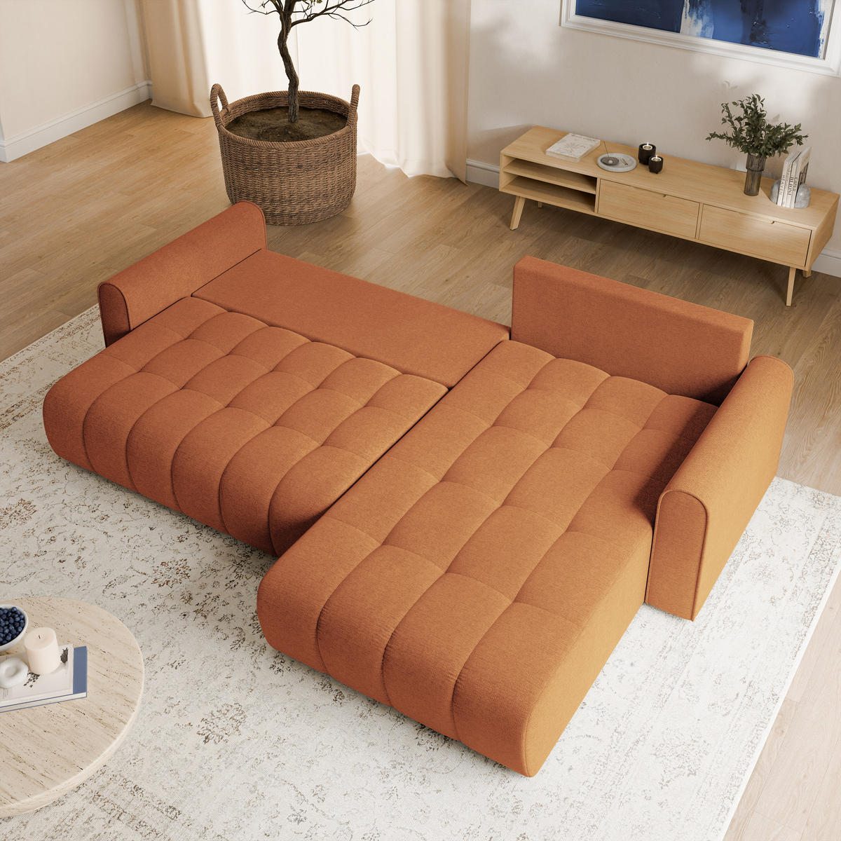 ECKSOFA FRIGA Orange Strukturstoff mit Schlaffunktion - Orange, Holz (283/185cm) - MASSENO
