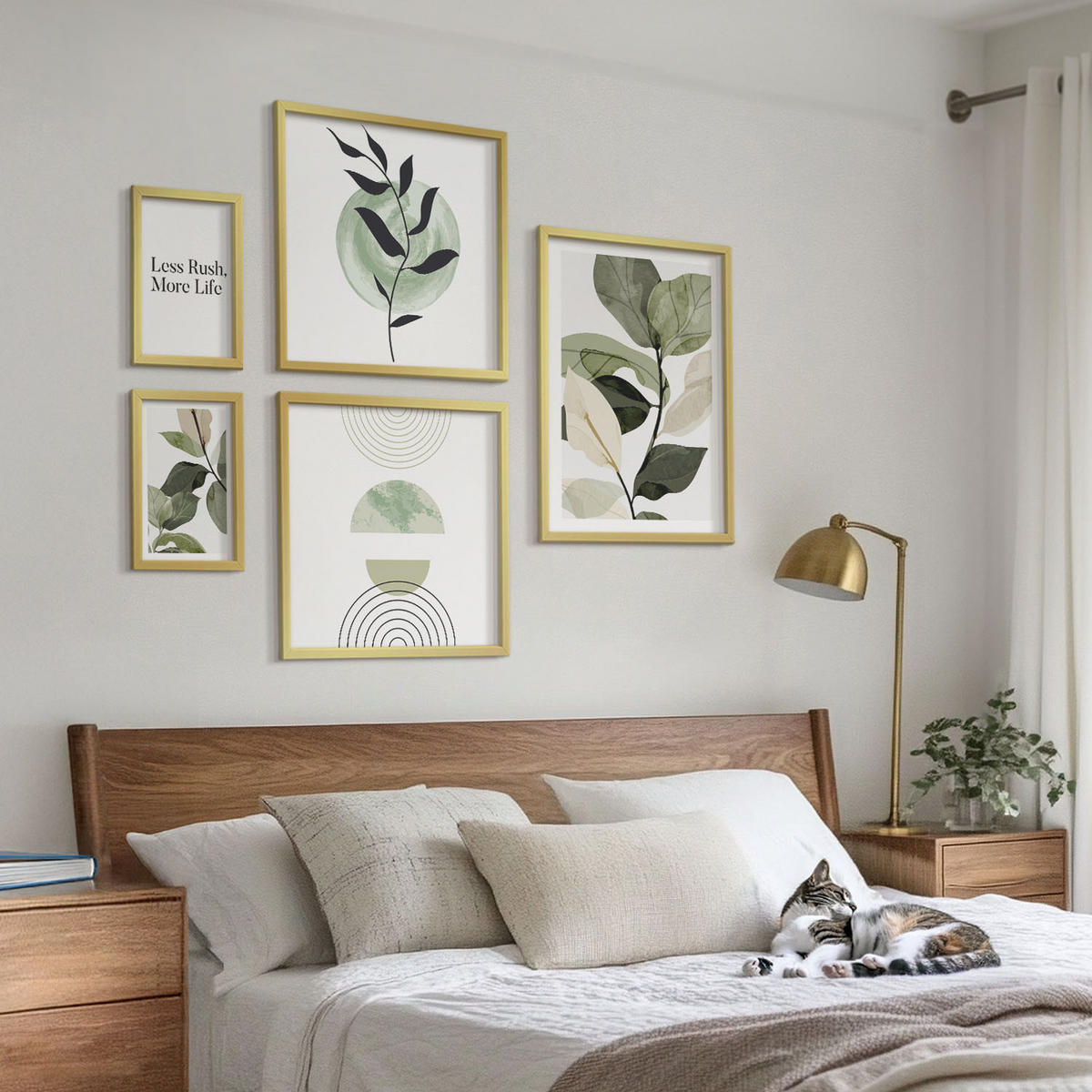 WANDBILDER 5er Set - 50x50 cm & 20x30 cm & 40x60 cm Goldrahmen - Geometrische Pflanzenformen - Goldfarben, Kunststoff (40/60cm) - ArtPrintCave