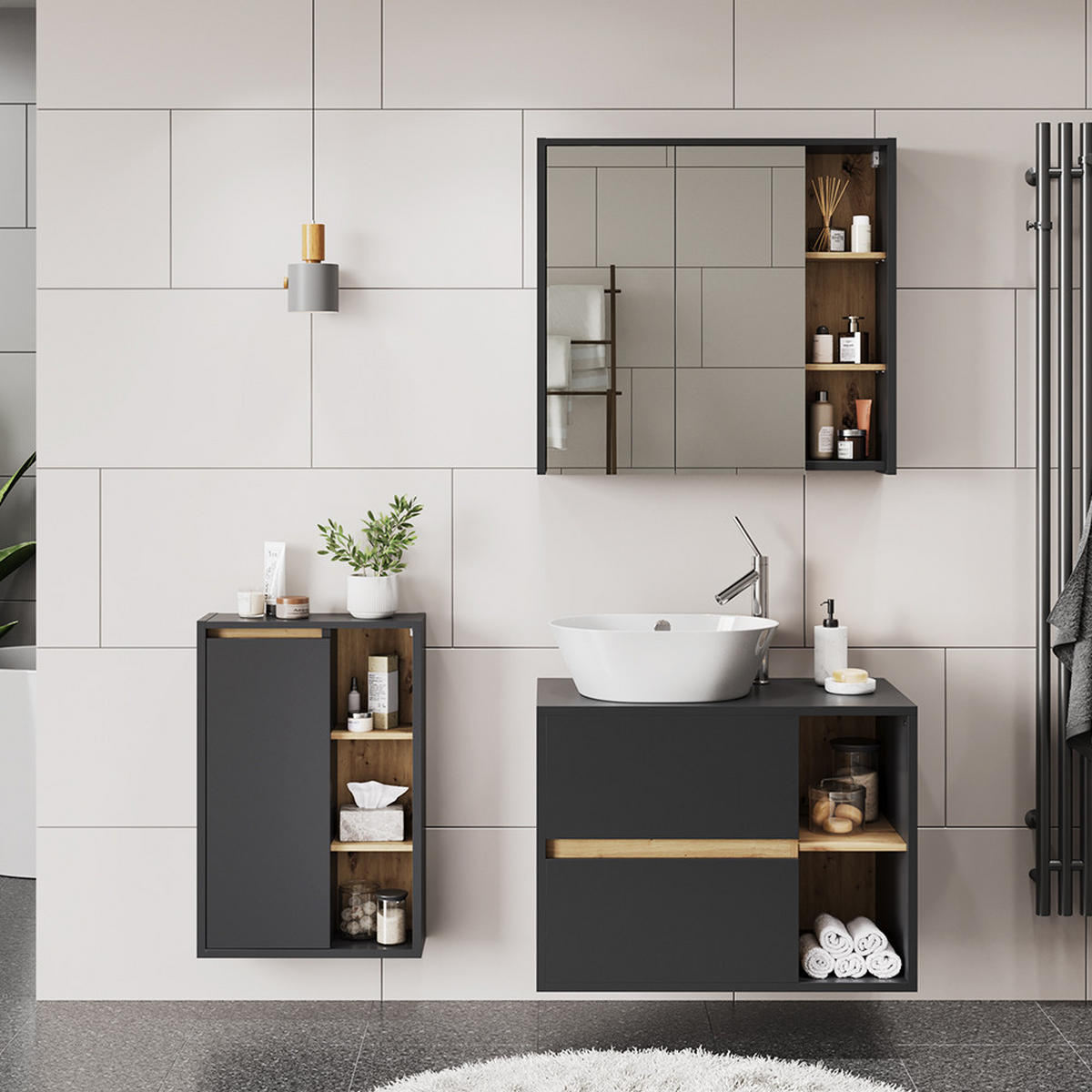 SADA KOUPELNOVÉHO NÁBYTKU Viola Grey/Artisan - šedá/dub artisan, kompozitní dřevo (80/60/46cm) - Vicco