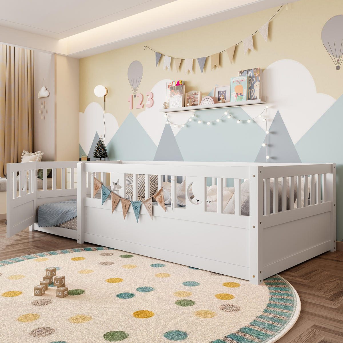 PANELBETT 90x190cm Weiß Kinderbett Gitter Stern-Mond-Dekoration - Weiß, Holz (90/190cm) - FLIEKS