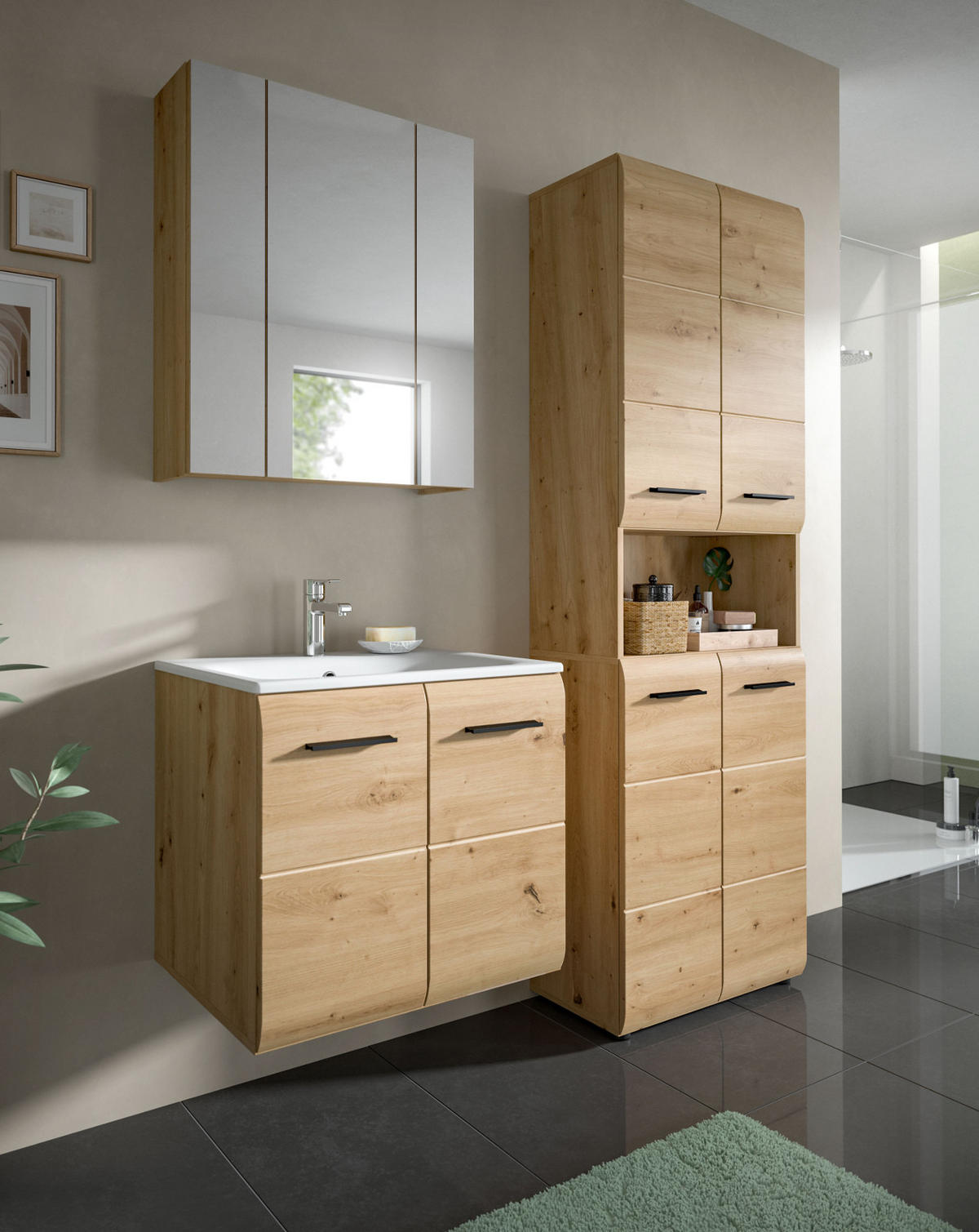 BADMÖBEL-SET Eiche Artisan 3-teilig, Badkombination 135 cm inklusive Waschbecken, Cover - Schwarz/Eiche Artisan, Glas/Keramik (135/185/46cm) - Inn.Furn