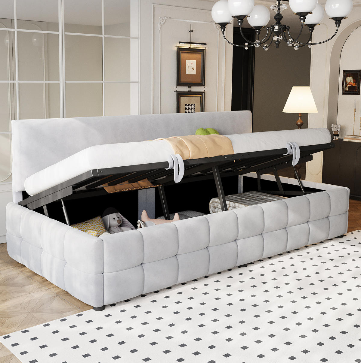 ČALÚNENÁ posteľ 90x200 cm zo zamatu svetlosivá s hydraulickým úložným priestorom, opierkou a lamelovým roštom - svetlosivá, textil (90/200cm) - Modfu