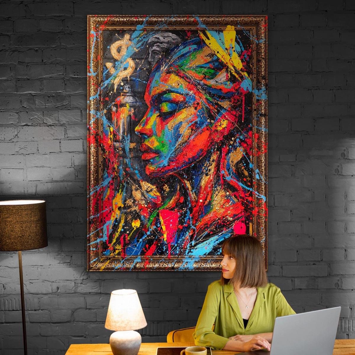 GEMÄLDE Muse der Stadt Schattenfugenrahmen Gold 140x100 cm - Goldfarben, Holz (140/100cm) - YS-art gallery