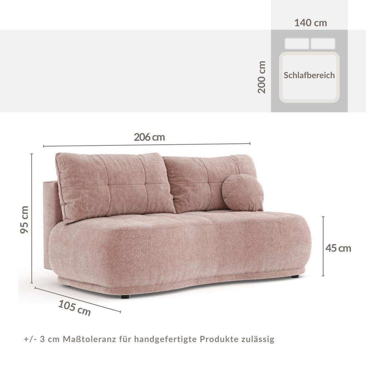 SCHLAFSOFA Cirrus Rosa Chenille - Schwarz/Rosa, Holz/Holzwerkstoff (206/95/105cm) - Maison de Reve