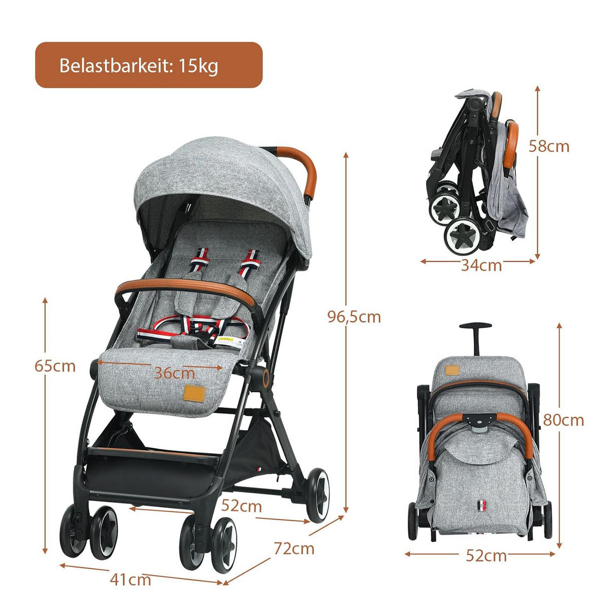 KINDERWAGEN einhand faltbar Grau - Grau, Metall (41/72/96.5cm) - COSTWAY