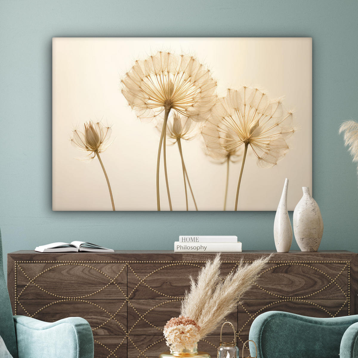 LEINWANDBILD Sonnenlicht - Löwenzahn - Botanisch - Blumen Wohnzimmer 120x80 cm - Creme, Textil (120/80cm) - MuchoWow