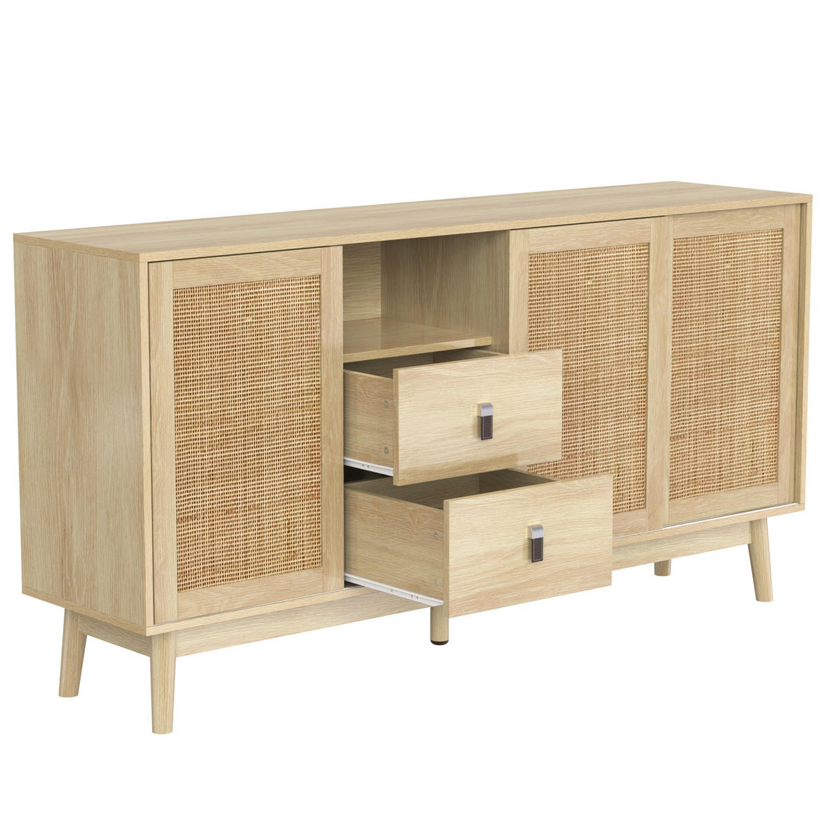 SIDEBOARD 155/38/80 cm,3 Schiebetüren,2 Schubladen,Ratten Retro-Design,Naturfarben - Naturfarben, Holz (155/80/38cm) - LVHOM