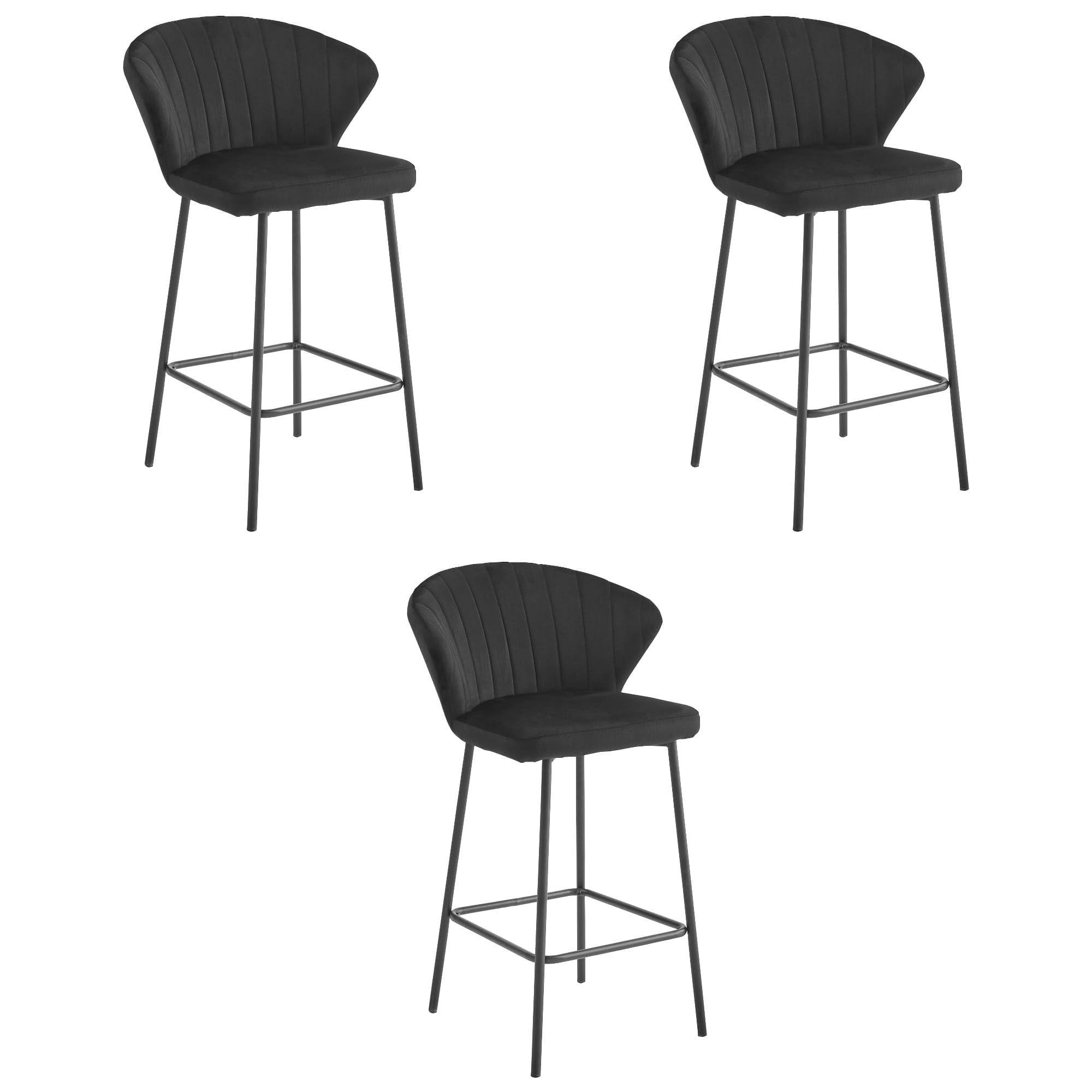 BARHOCKER 3er Set Schwarzer Samt, Bequeme Sitzfläche, Schwarze Füße - Schwarz, Textil (43/46/33cm) - Best For Home