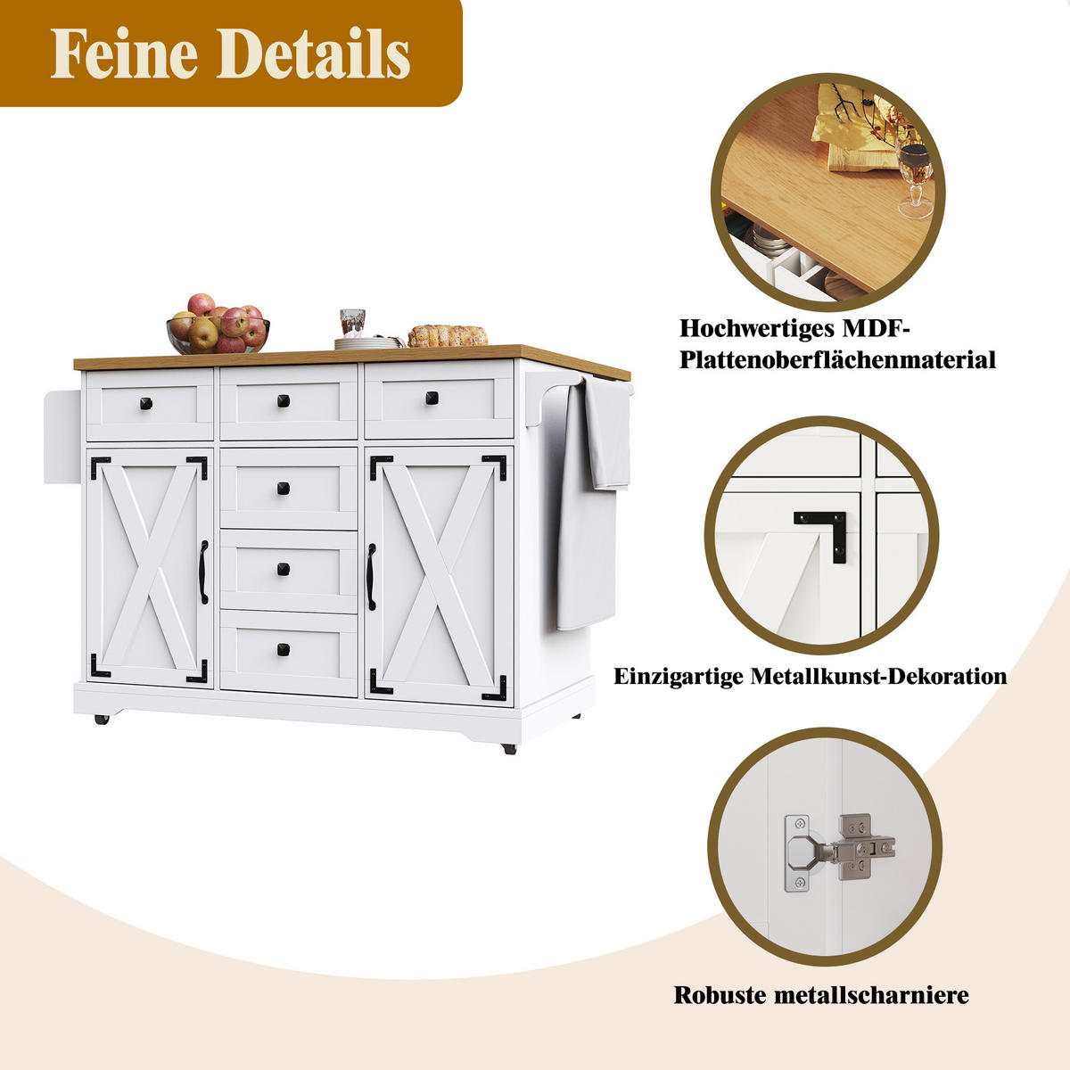 KLAPP-SERVIERWAGEN Kücheninsel faltbar 147x44-70x93cm Weiß aus Metall und MDF - Weiß, Holzwerkstoff (147/93/70cm) - Modfu