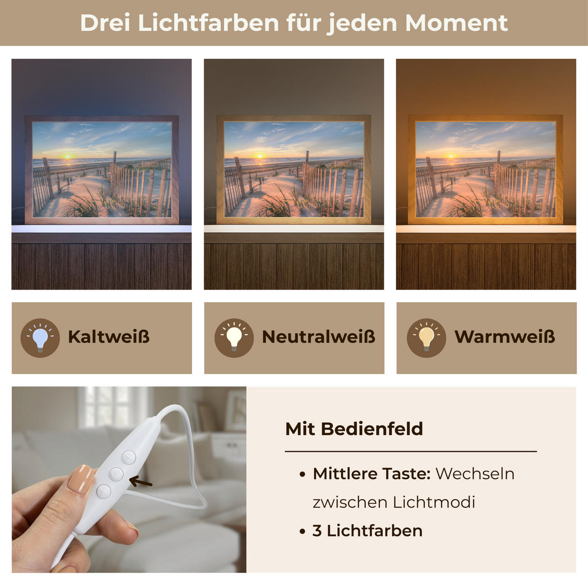 TISCHLEUCHTE Strand - Meer - Düne - Sonnenuntergang - Landschaft 30x20 cm - Creme, Holzwerkstoff (8/30/20cm) - OnlyWow