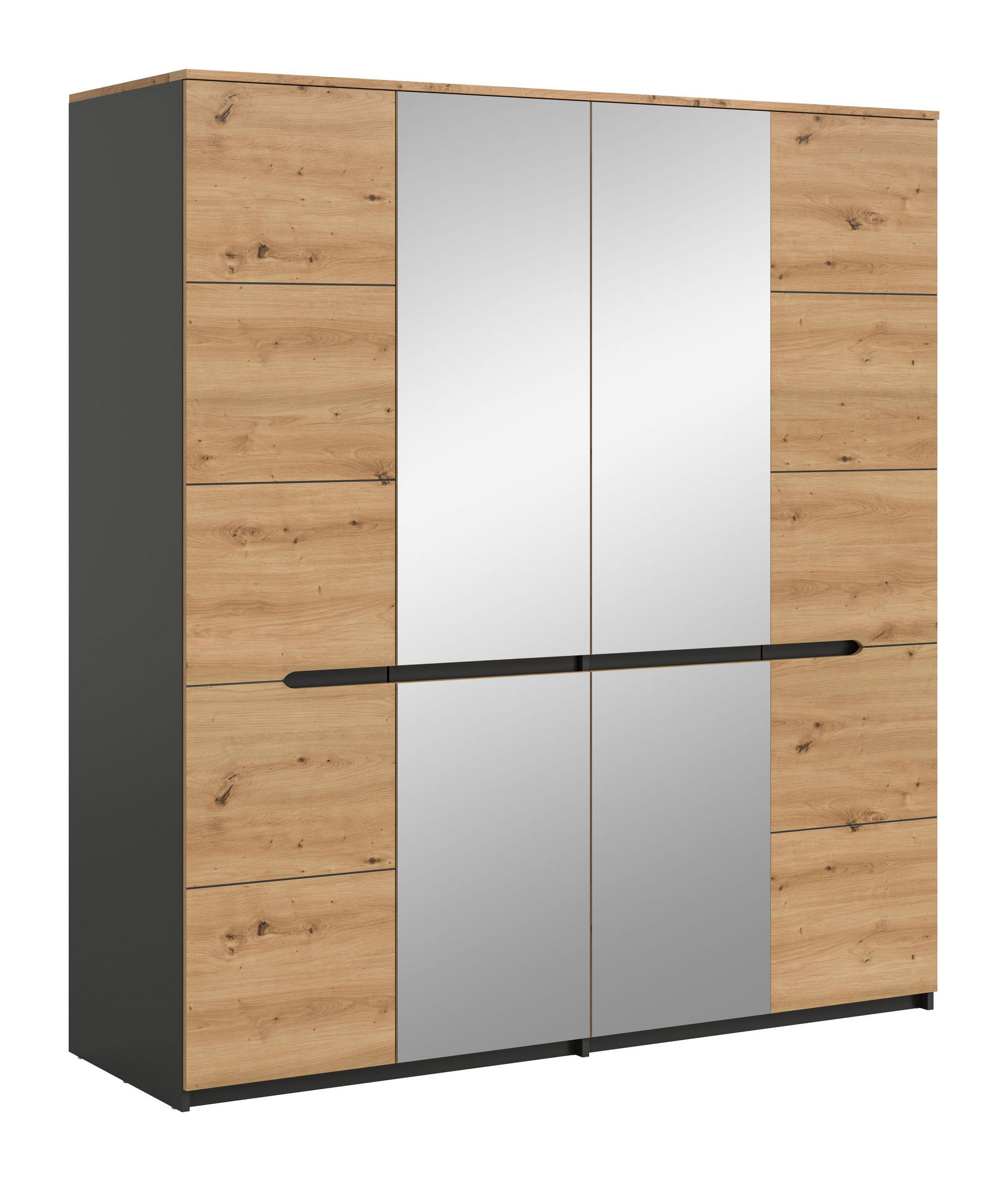 KLEIDERSCHRANK Sova 4-türig – Moderner Schrank in Eiche-Optik & Schwarz mit Stauraum und Spiegeltüren - Grau, Holzwerkstoff (180/198/59cm)