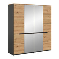 KLEIDERSCHRANK Sova 4-türig – Moderner Schrank in Eiche-Optik & Schwarz mit Stauraum und Spiegeltüren - Grau, Holzwerkstoff (180/198/59cm)