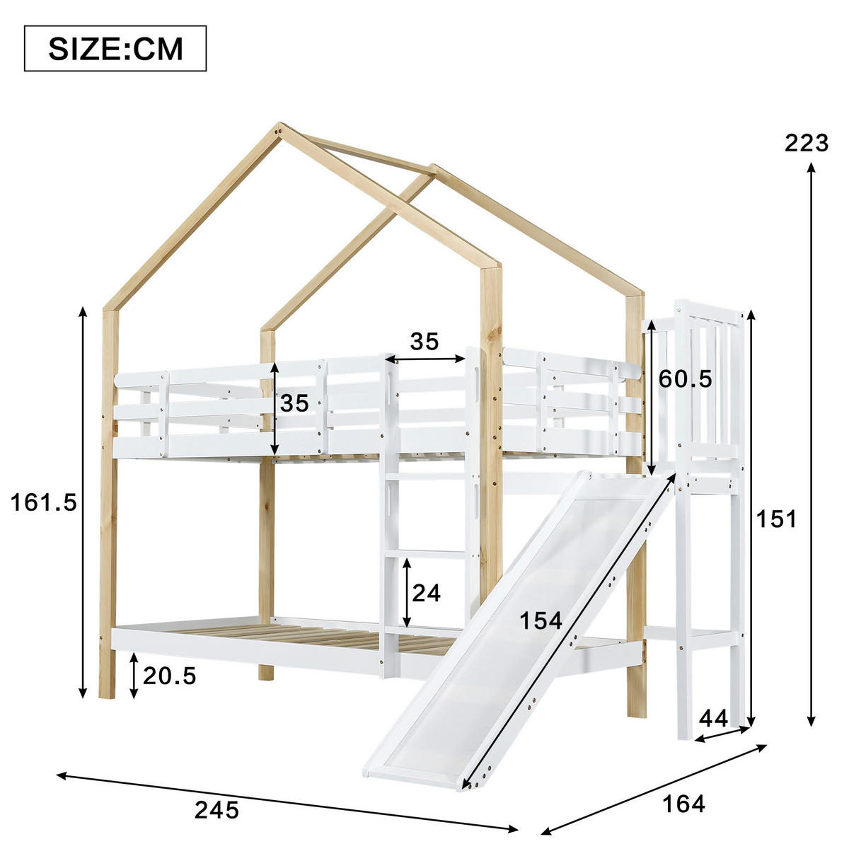 POSCHODOVÁ posteľ 90/200 cm biela/prírodná so šmykľavkou a 3-stupňovým rebríkom z masívneho dreva a MDF - biela, kompozitné drevo (90/200cm) - OKWISH