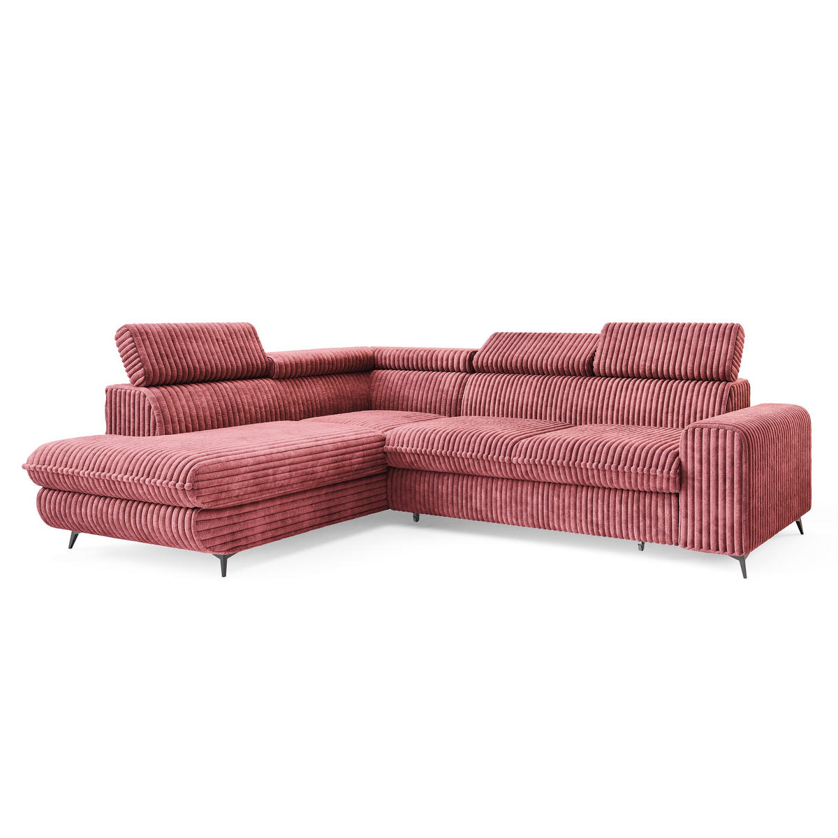 ECKSOFA VELISS Rosa Kordstoff mit Schlaffunktion - Rosa, Holz (255/193cm) - MASSENO