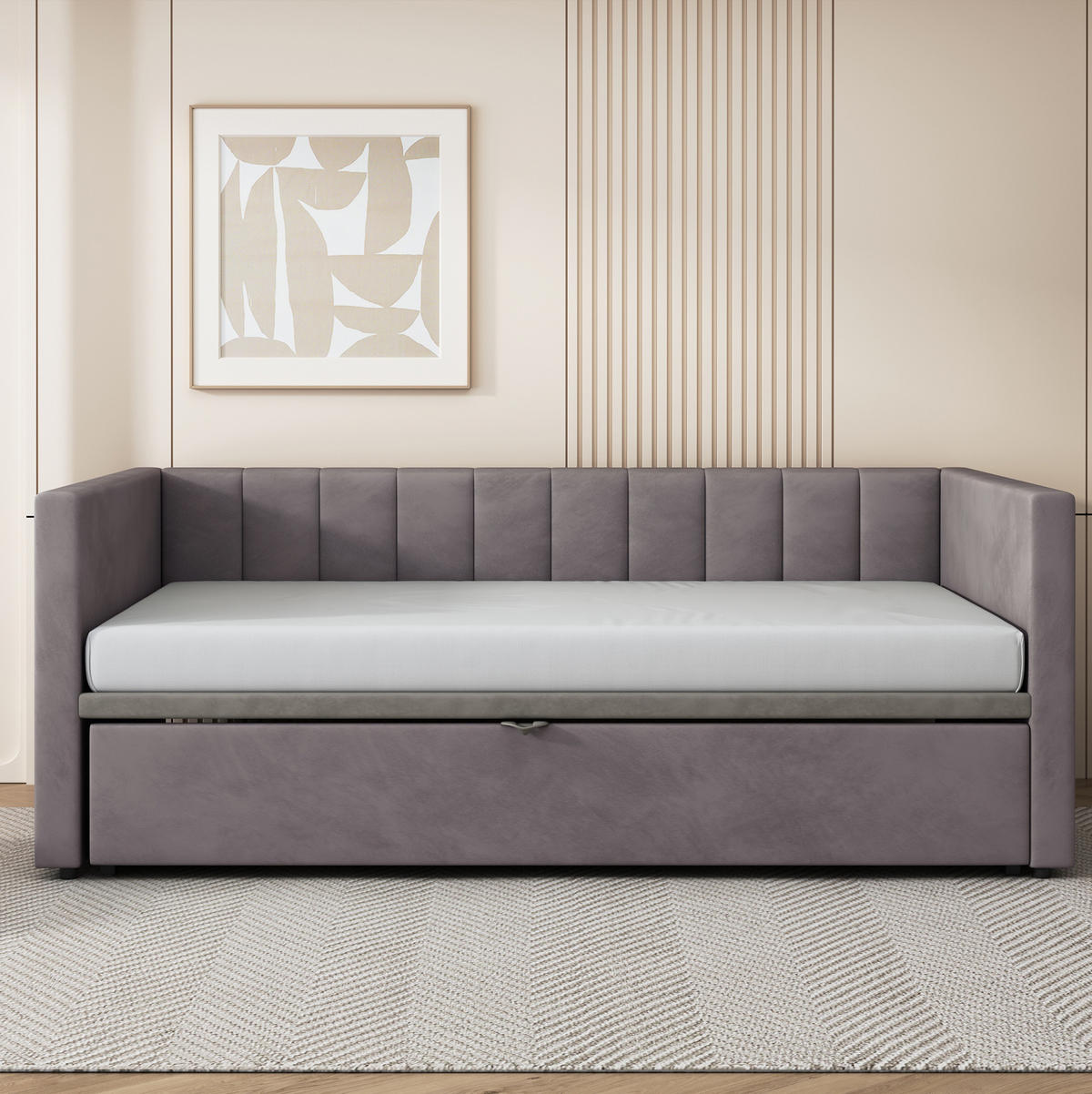 POLSTERBETT 90/200 cm aus Samtstoff mit ausziehbarer Liegefläche und Lattenrost Grau - Grau, Textil (90/200cm) - Modenvie