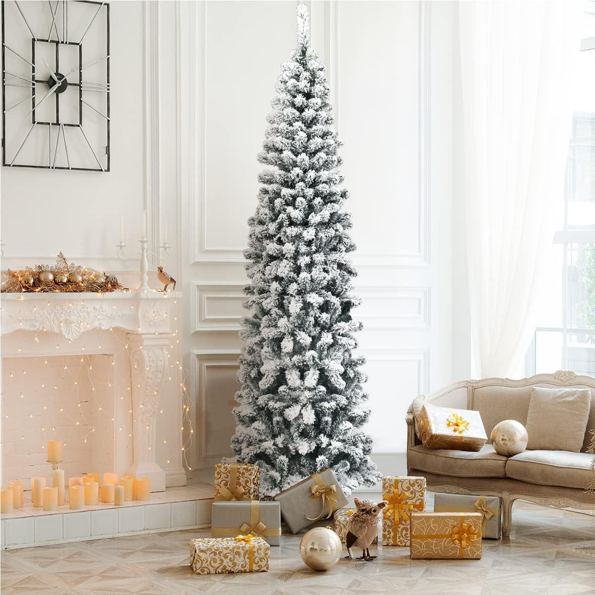 WEIHNACHTSBAUM Bleistiftform mit Schnee 225 cm grün - Grün, Metall (225cm) - COSTWAY