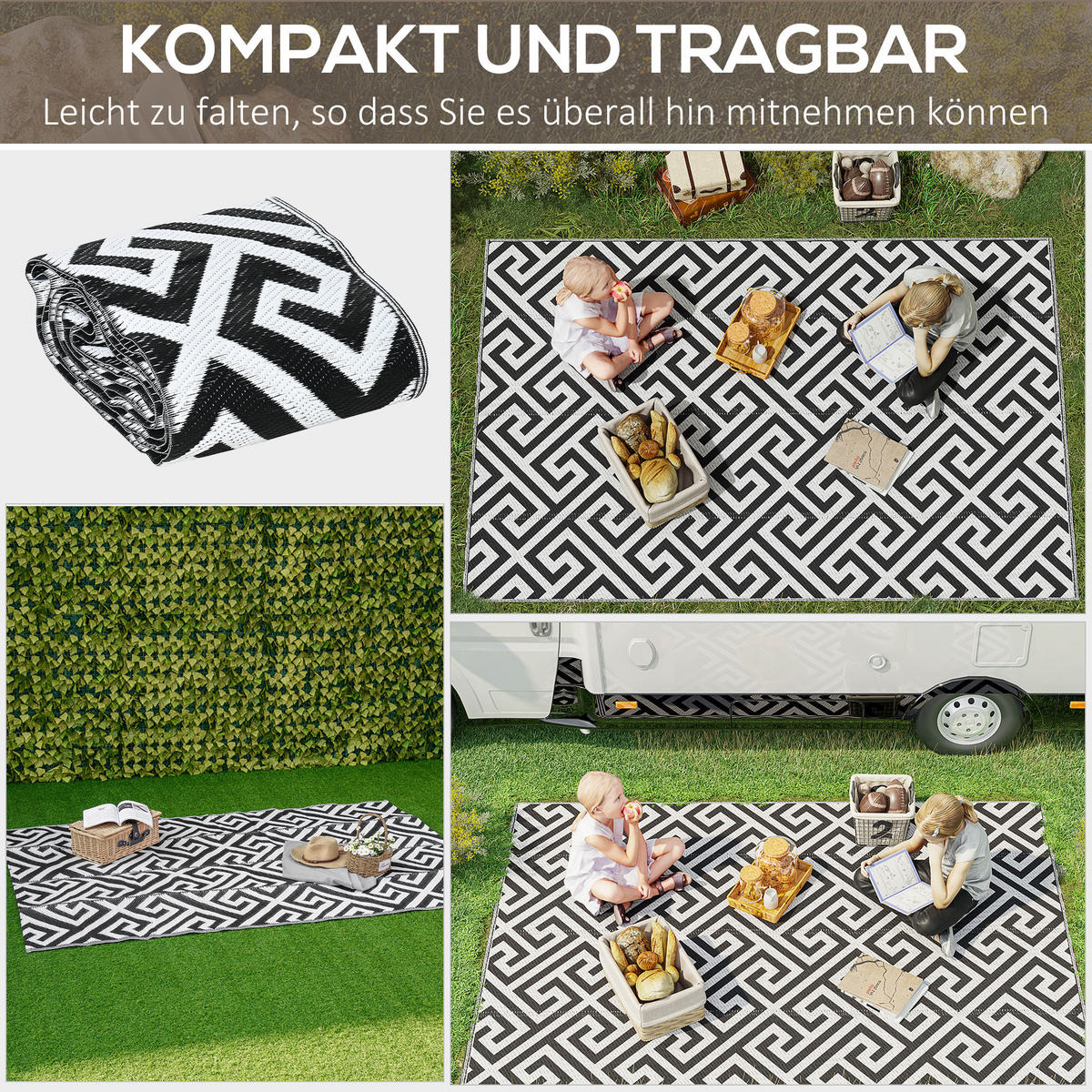 OUTDOORTEPPICH, PP-Kunststoff, Schwarz+Weiß - Schwarz/Weiß, Kunststoff (243/152cm) - Outsunny
