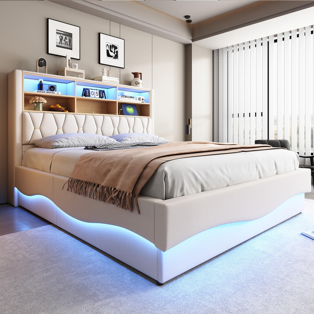 POLSTERBETT 180x200 Beige Leinen LED Stauraum - Beige, Metall (180/200cm) - FLIEKS