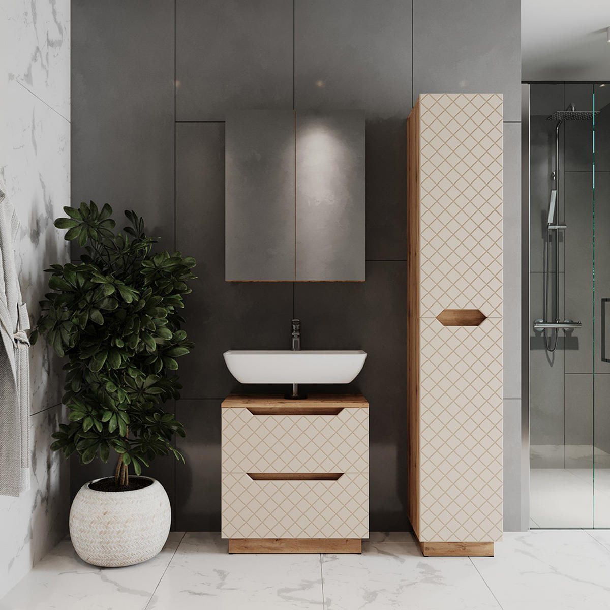 KOUPELNOVÝ NÁBYTEK Lotta Dub/kašmír se strukturou dlaždic - kašmírová/barva dubu, kompozitní dřevo (59.8/62.5/32cm) - Vicco