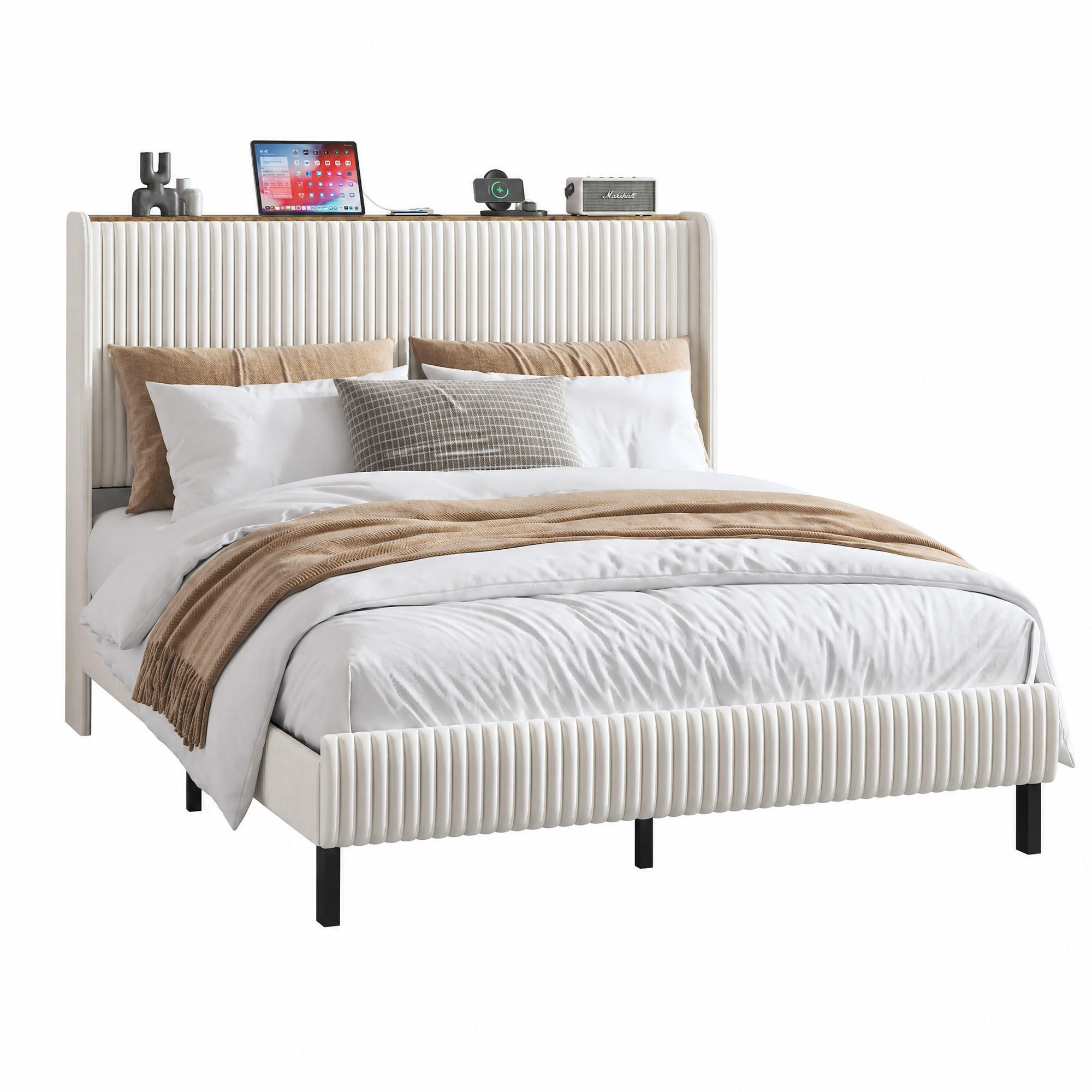 POLSTERBETT 140/200 cm in Beige & Creme Cord mit Flügelkopfteil - Beige, Holzwerkstoff/Textil (140/200cm) - CHICFURN