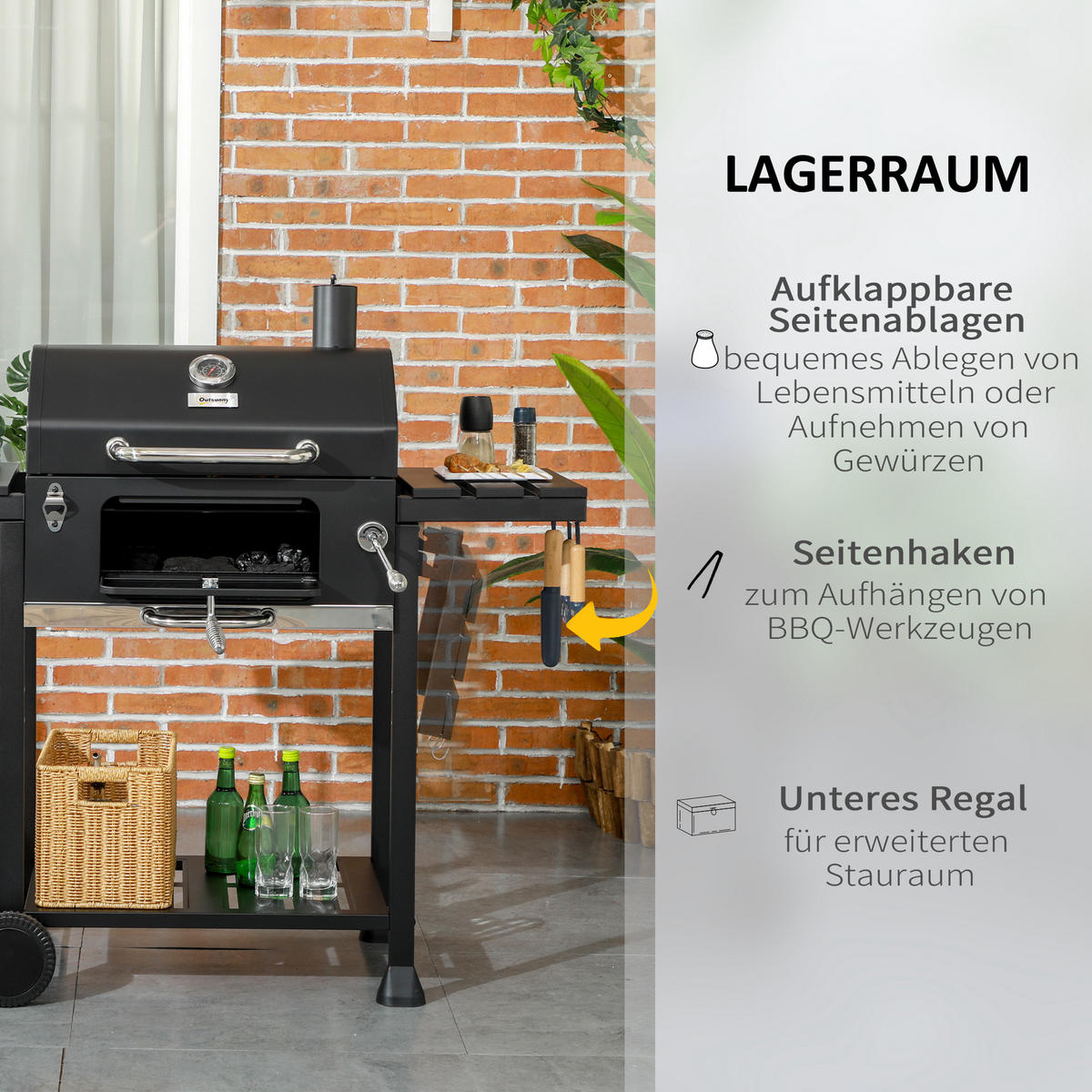 HOLZKOHLEGRILL Schwarz 120.0/64.0/114.0 cm - Schwarz, Metall (64/114/120cm)
