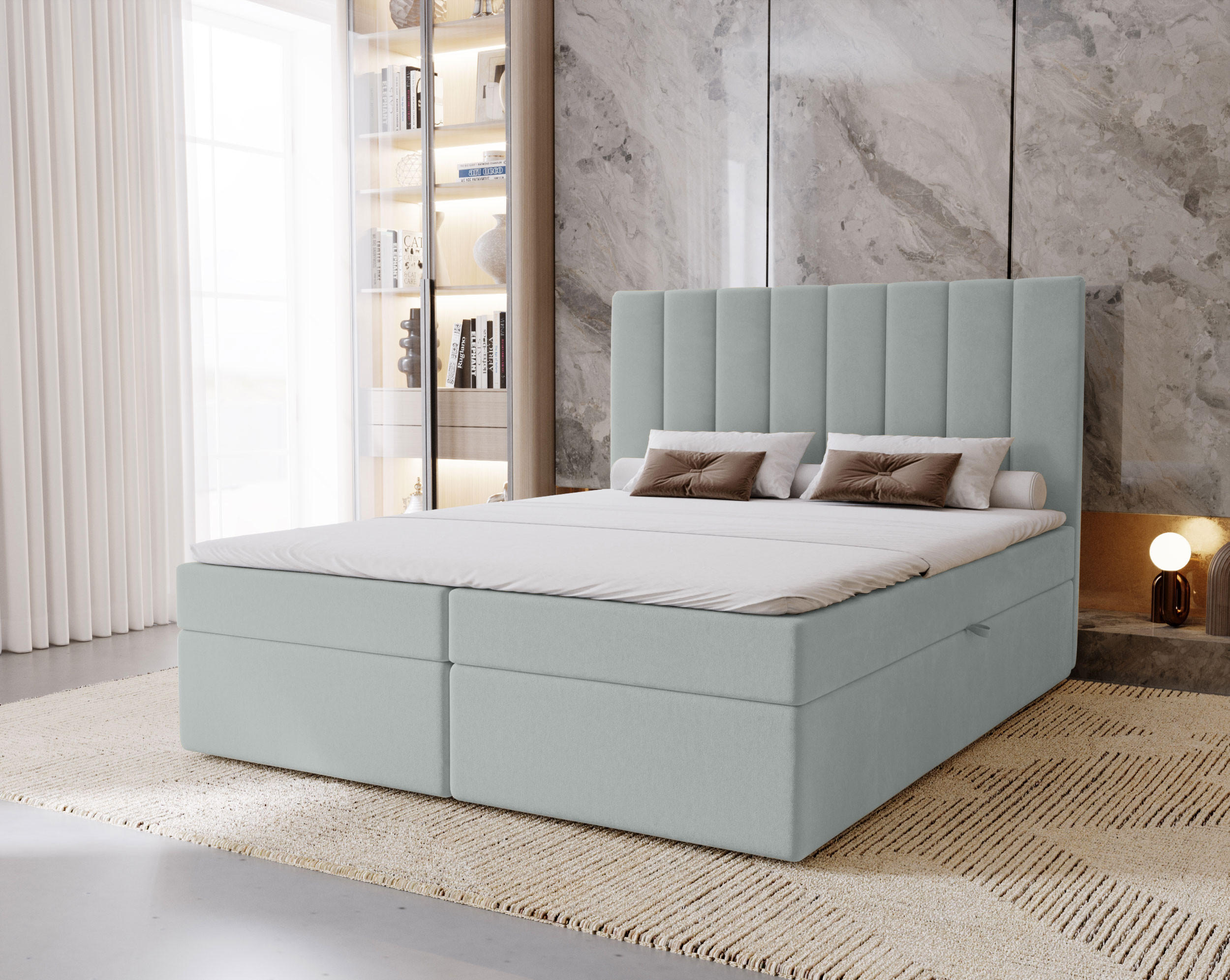 BOXBETT Nero mit 2 Bettkästen, 200x200, Hellgrau, Velourstoff, Doppelbett mit Bonell-Matratze - Hellgrau, Holz/Kunststoff (200/200cm) - Marpur