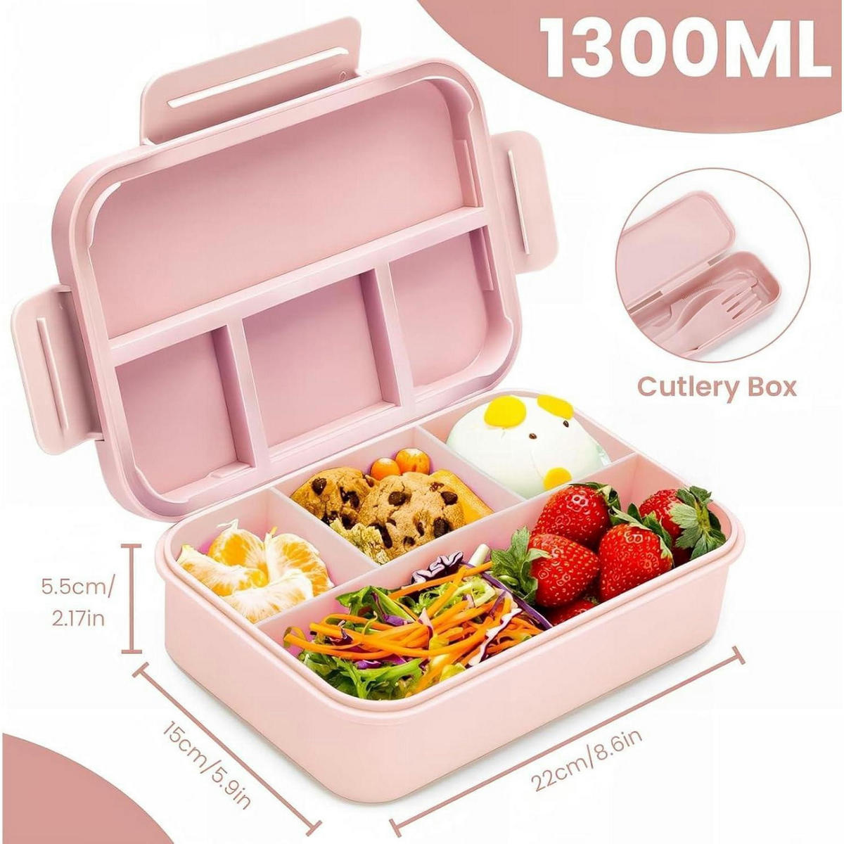LUNCHBOX 2er Set 4 Abteilungen 1300 ML Rosa Grün - Multicolor, Kunststoff (15/5.5/22cm)