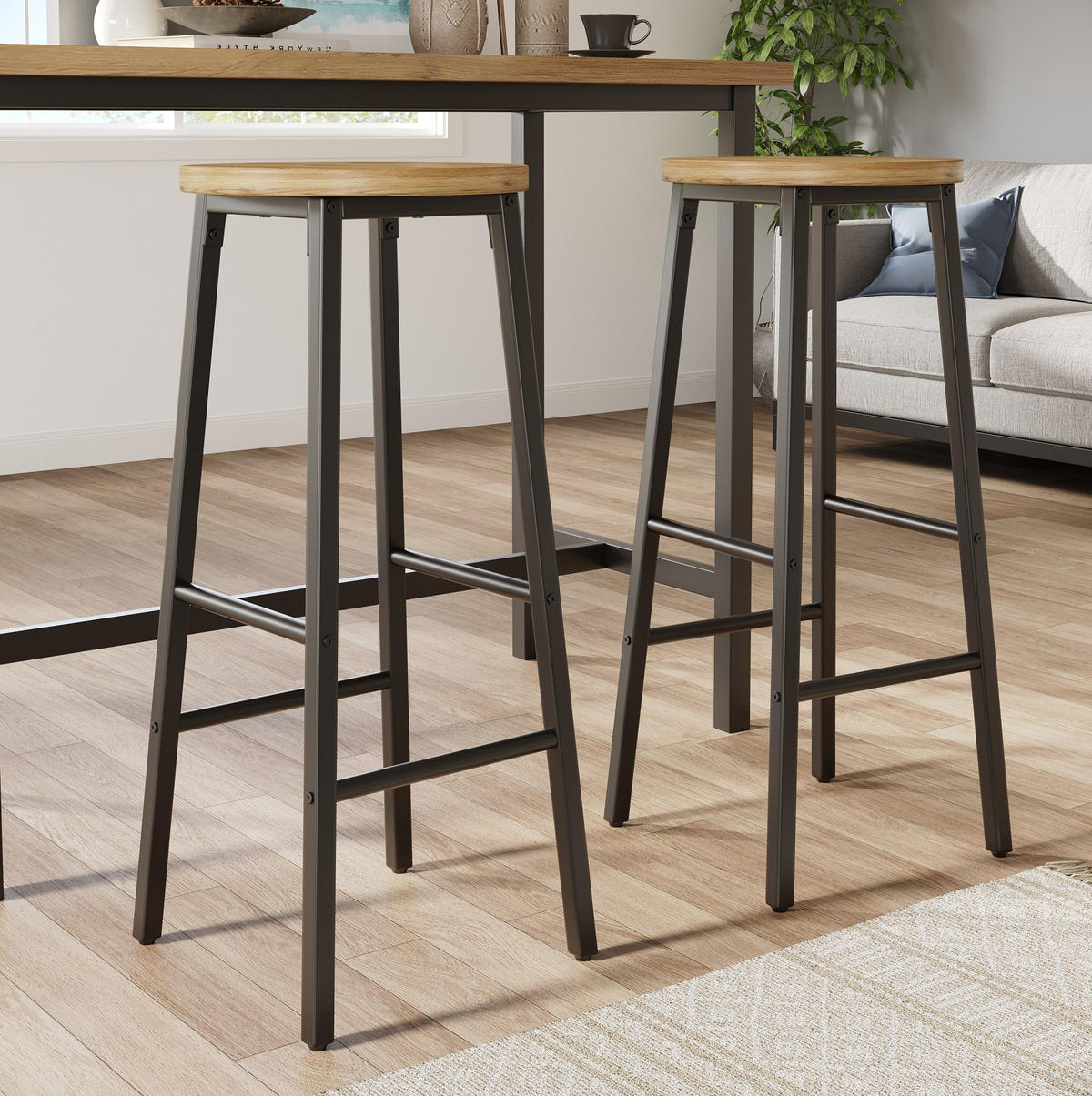 BARHOCKER 2er-Set mit Holzoptik-Sitz, 70 cm, Fußstützen - Schwarz, Metall (30/70/30cm) - MIVRAY