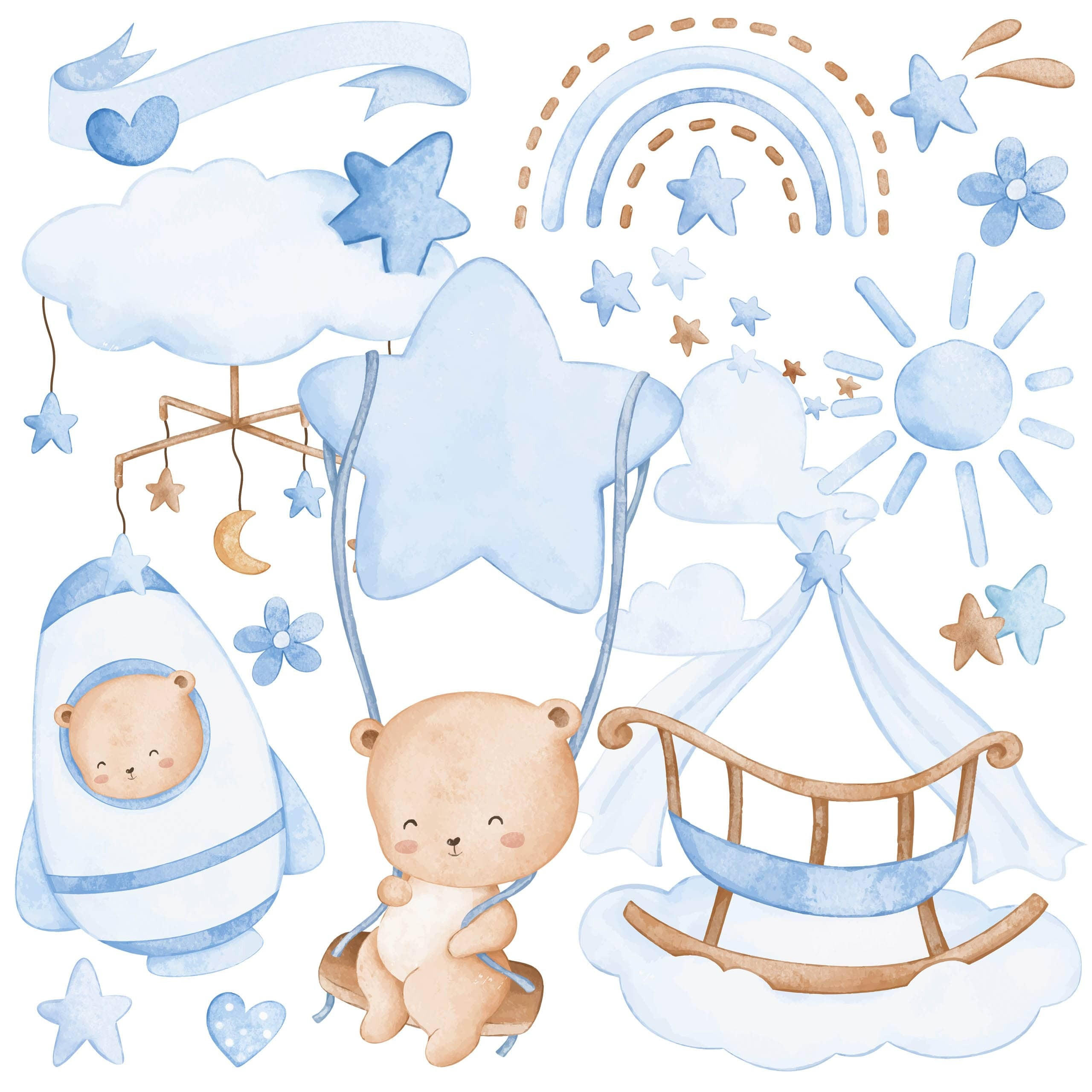 WANDSTICKER Teddybären blaue Wolken Sterne Regenbogen 60x30 - Blau/Beige, Papier (60/30/1cm) - Muralo