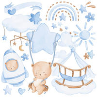 WANDSTICKER Teddybären blaue Wolken Sterne Regenbogen 60x30 - Blau/Beige, Papier (60/30/1cm) - Muralo
