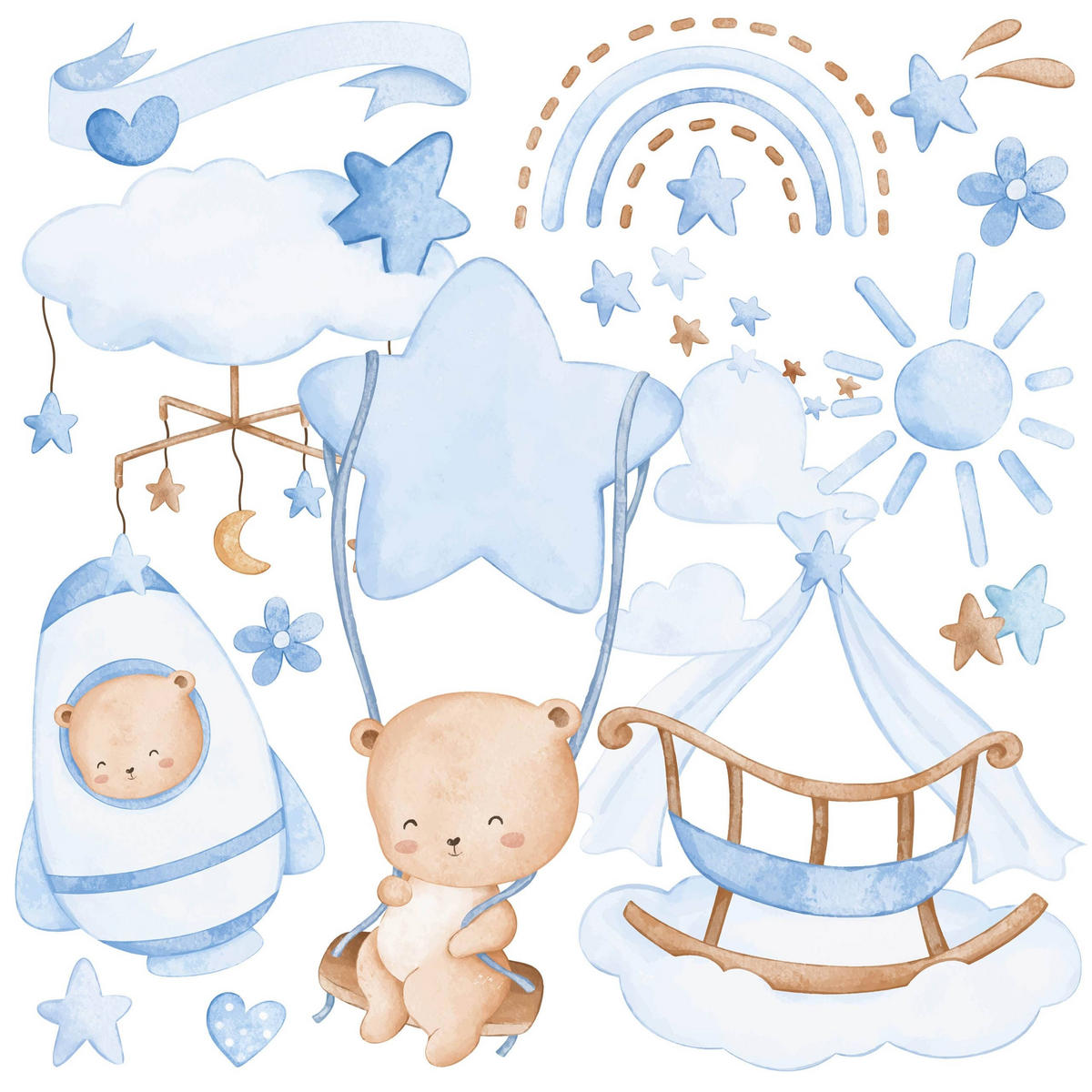 WANDSTICKER Teddybären blaue Wolken Sterne Regenbogen 60x30 - Blau/Beige, Papier (60/30/1cm) - Muralo