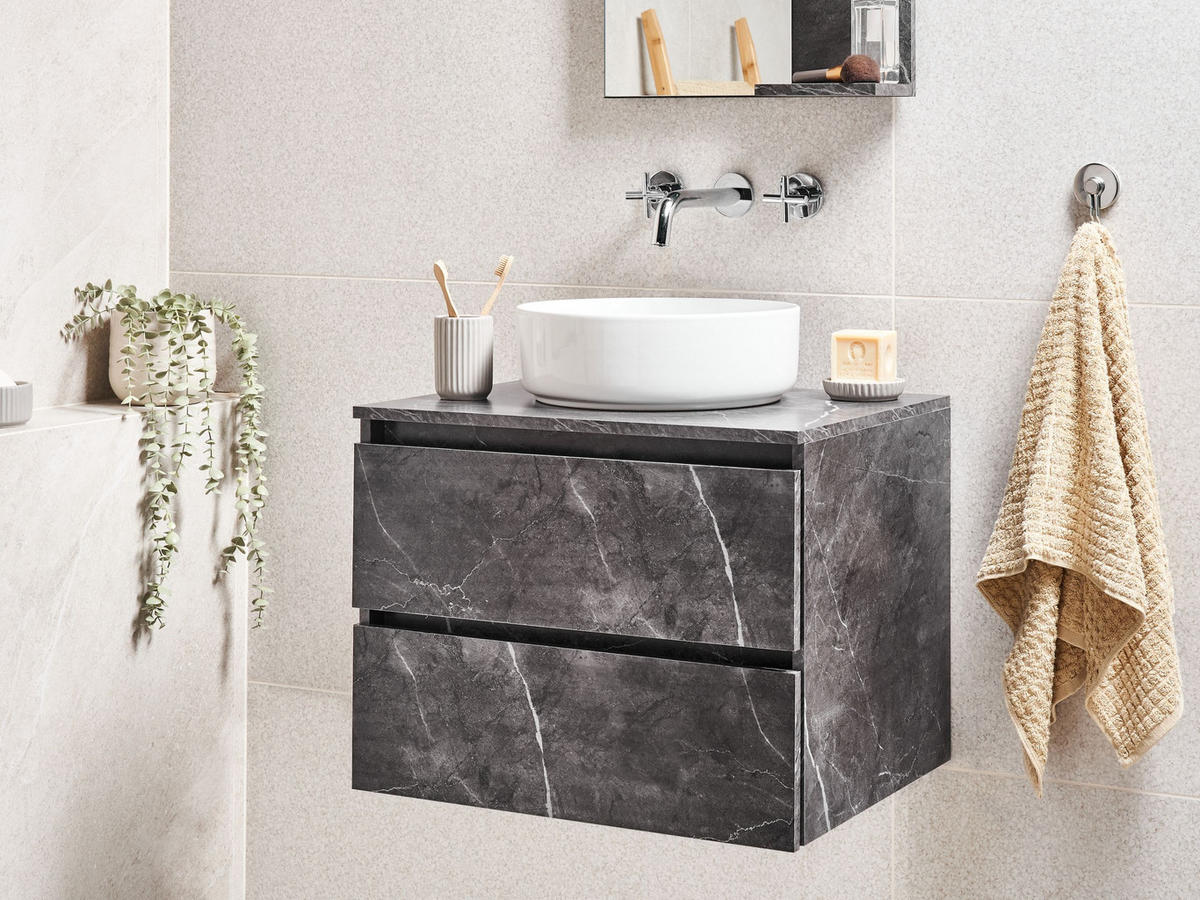 WASCHBECKENUNTERSCHRANK wandmontiertk 60 cm Schwarzer Marmor Serra - Schwarz, Holzwerkstoff (60/47/47cm) - Beliani