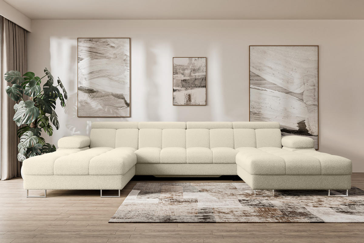 WOHNLANDSCHAFT mit Schlaffunktion und Bettkasten COMA U2 345x203x79 Beige Bouclé - Sandfarben, Holzwerkstoff/Textil (345/79/203cm) - ALTDECOR