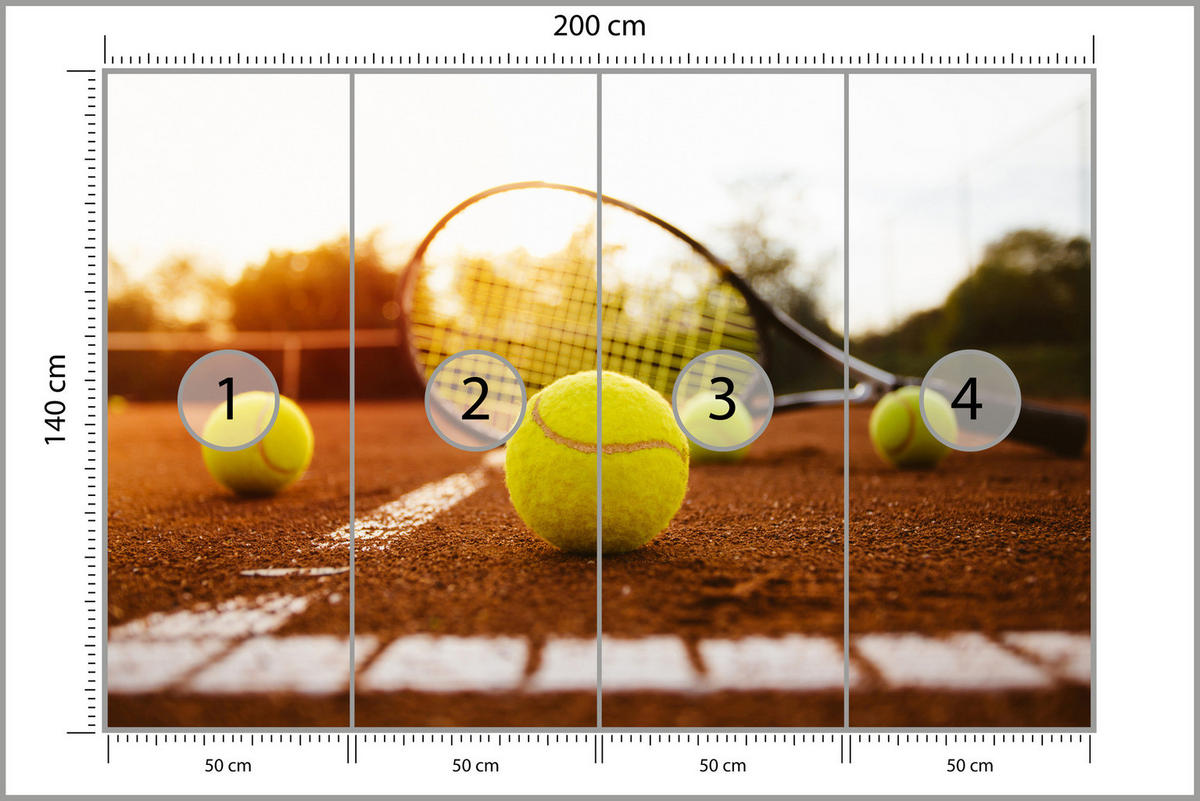 FOTOTAPETE für Jugendzimmer Tennisschläger Court Sport Ball 200x140 - Gelb/Orange, Papier (200/140cm) - Muralo
