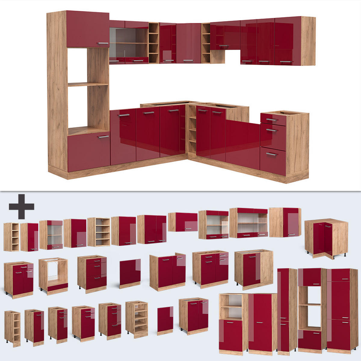 ECKKÜCHE R-Line Rot Hochglanz/Goldkraft Eiche 237 x 247 cm AP Eiche - Rot/Eiche Wotan, Holzwerkstoff (247/81.6/60cm) - Vicco