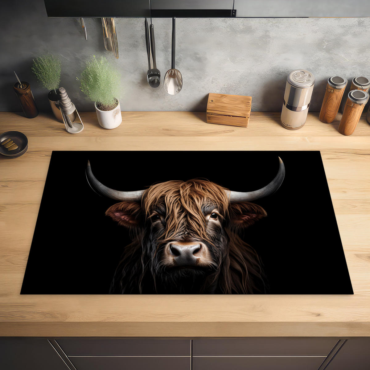 HERABDECKPLATTE - Schottischer Highlander - Porträt - Schwarz - Tier - 85x50 - Braun, Kunststoff (85/50/0.2cm) - MuchoWow