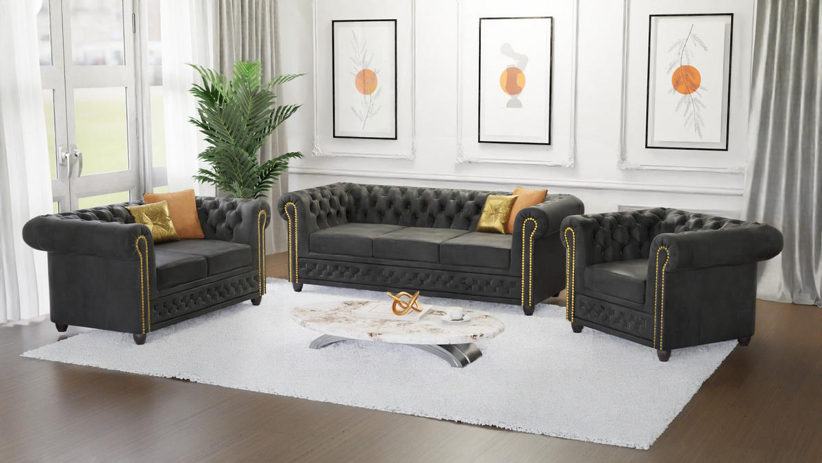 SITZGARNITUR 3+2+1 Chesterfield Flux Anthrazit Microfaser Vintageoptik - Anthrazit/Braun, Holz/Textil (203/72/86cm) - S-Style Möbel