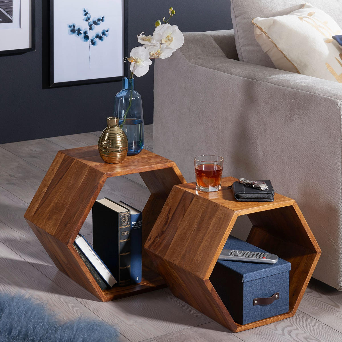 BEISTELLTISCH Set – 2-teilig Massivholz Braun Wabenform handgefertigt - Braun, Holz (30/46/40cm) - KADIMA DESIGN