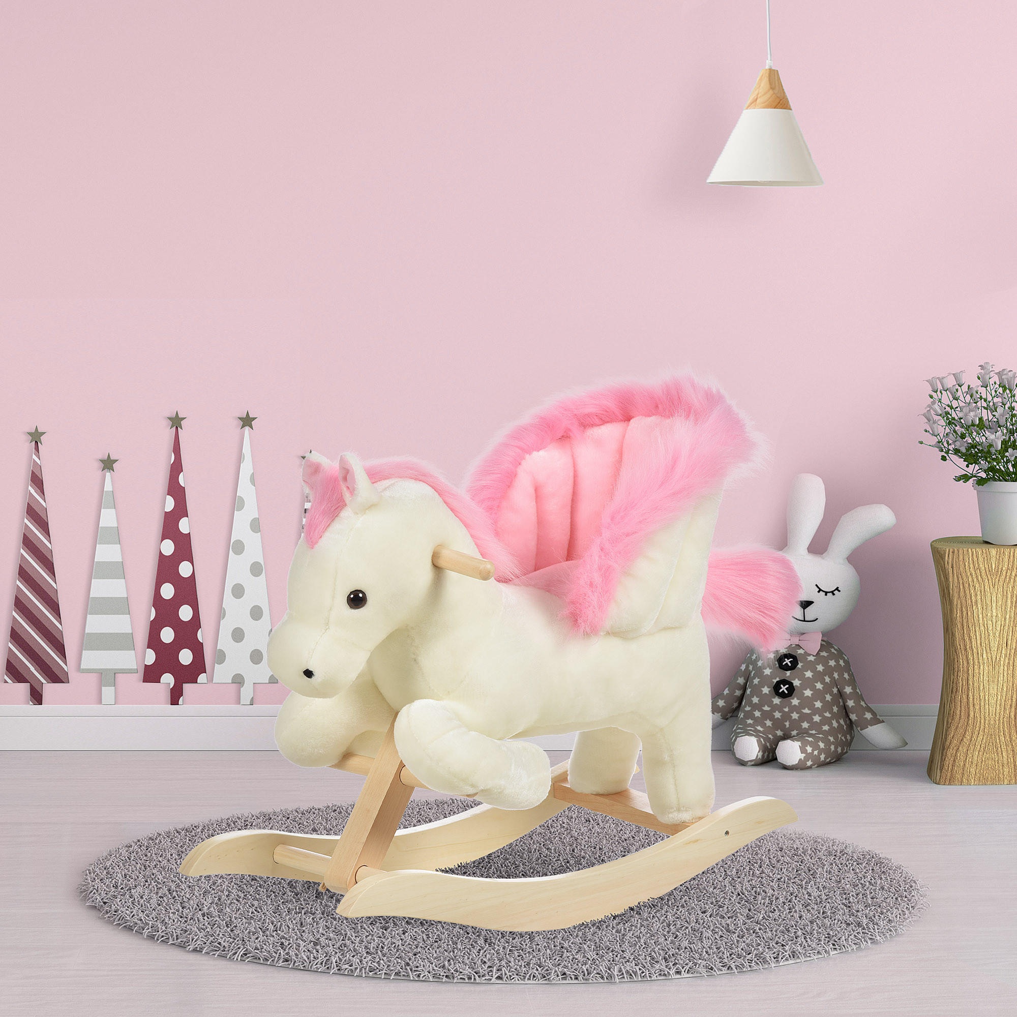 KINDER SCHAUKELTIER, Weiß+Rosa, Plüsch+ Holz - Weiß, Holz (28/57/70cm) - HOMCOM