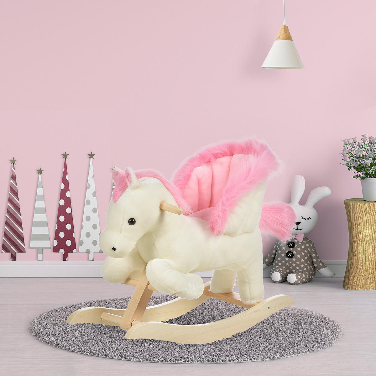 KINDER SCHAUKELTIER, Weiß+Rosa, Plüsch+ Holz - Weiß, Holz (28/57/70cm) - HOMCOM