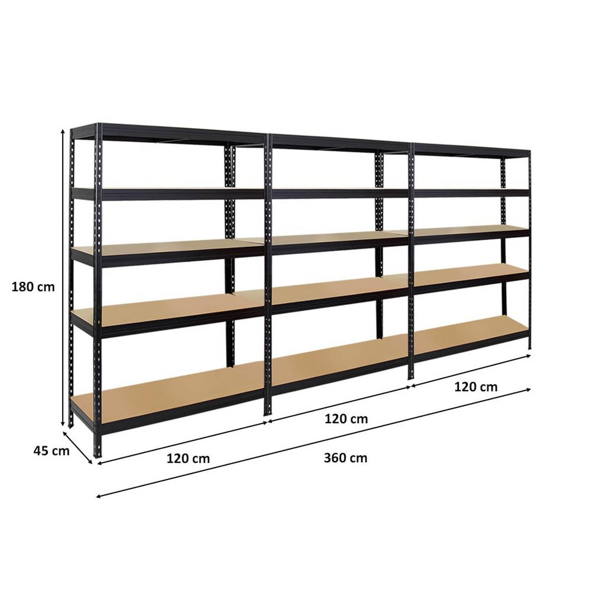 SCHWERLASTREGAL Rivet 3er-Set mit 3x 180x120x45 cm Fachlast 250 kg Schwarz - Schwarz, Metall (360/180/45cm) - PROREGAL