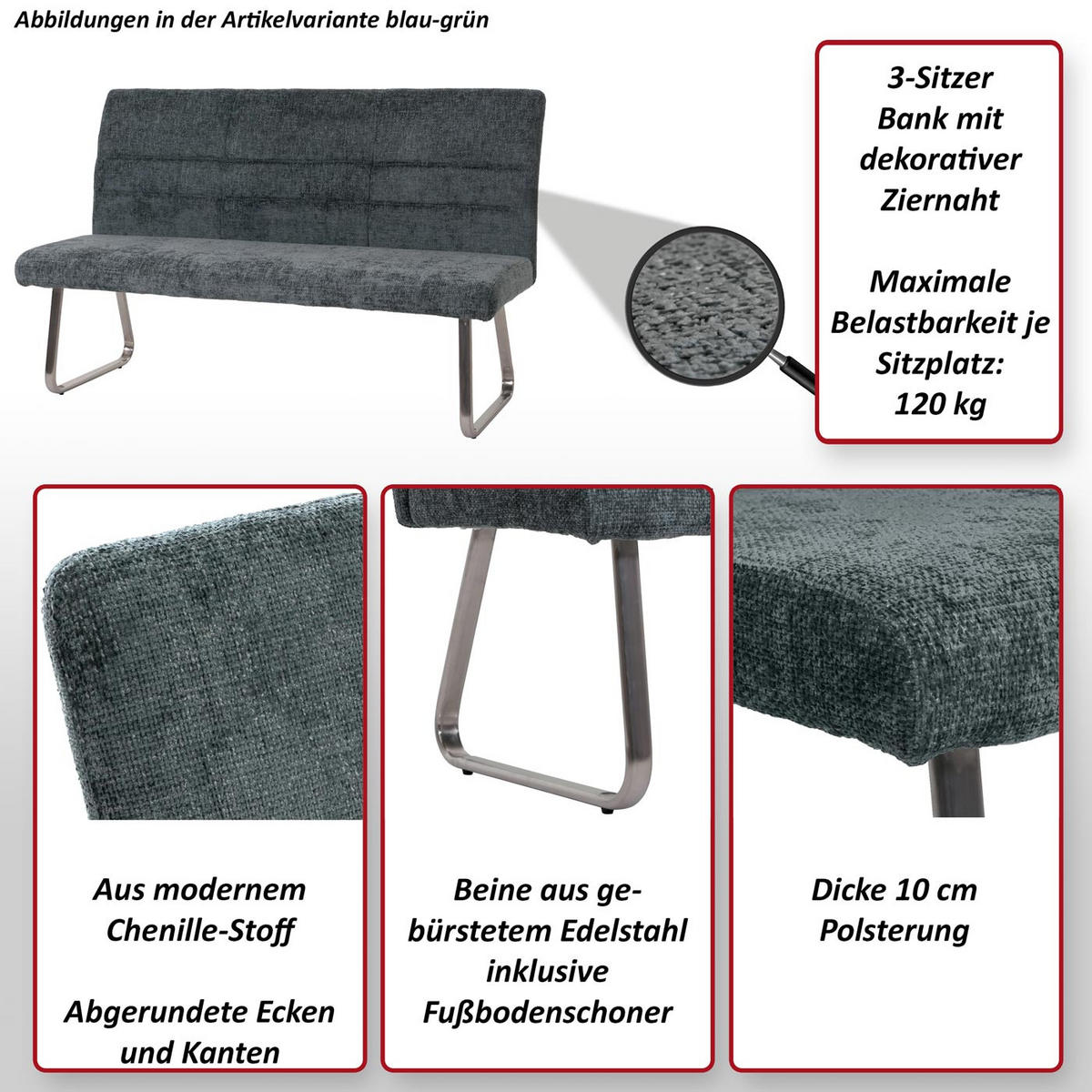 SITZBANK Grau - Grau, Textil (160/100/65cm) - MCW