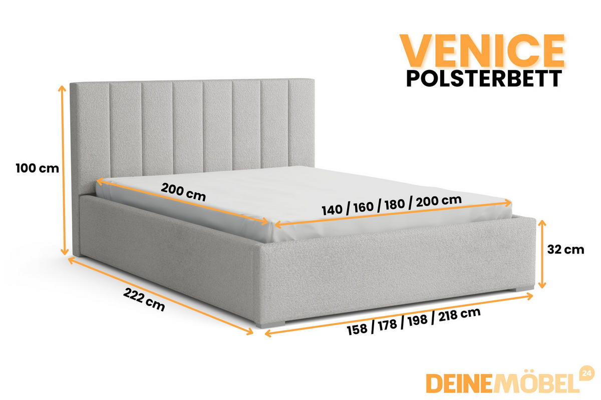 POLSTERBETT VENICE 180/200 in Boucle Hellgrau - Hellgrau, Holz/Holzwerkstoff (180/200cm) - Deine Möbel 24