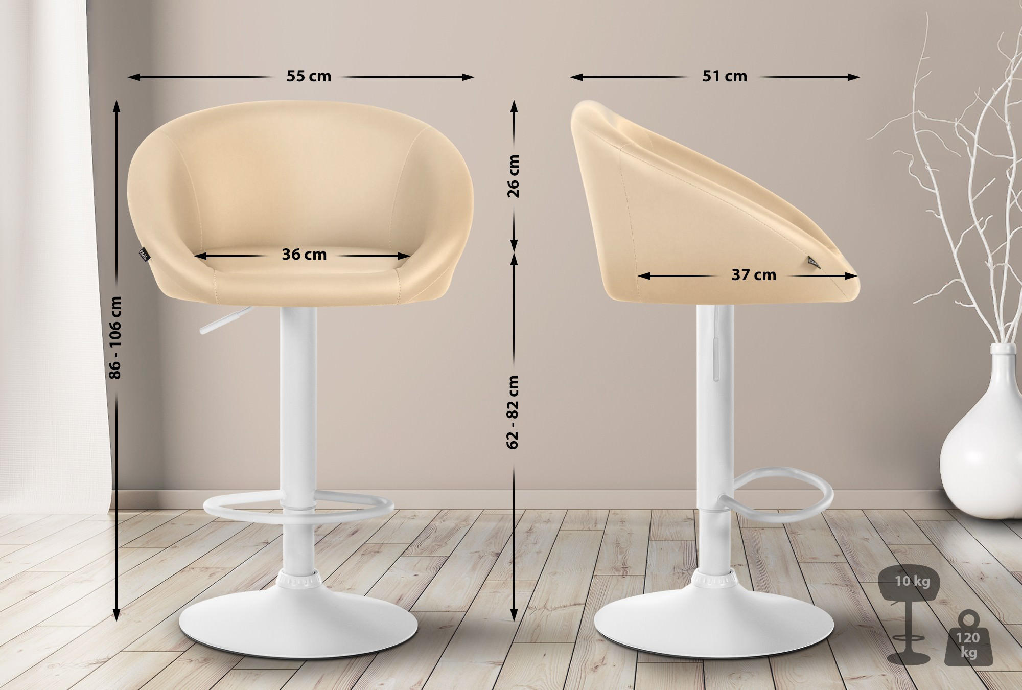 BARHOCKER OSLO Creme Kunstleder Weiß - Creme, Leder/Metall (55/86/51cm) - DELUKE