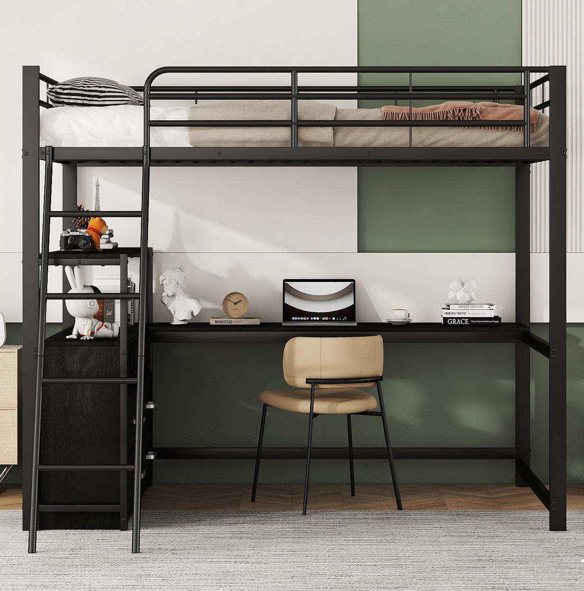 HOCHBETT 140/200 cm aus Metall und MDF mit L-förmigem Schreibtisch und 4 Schubladen Schwarz - Schwarz, Metall (140/200cm) - Modenvie