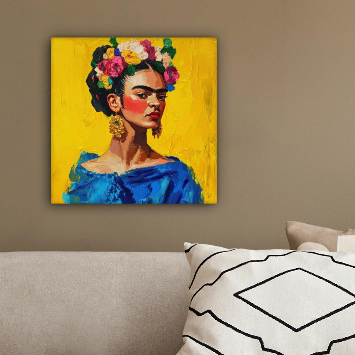 LEINWANDBILD Frida Kahlo - Frau - Gelb - Blau - Blumen 20x20 cm - Gelb, Textil (20/20cm) - MuchoWow