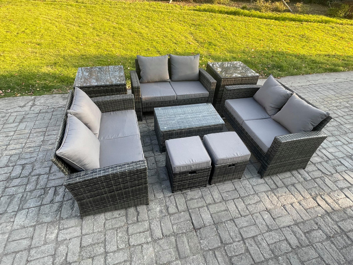 GARTENMÖBEL-SET MIT 2 BEISTELLTISCHE 2 KLEINE HOCKER LIEBESSITZ-SOFA Polyrattan Dunkelgrau Gemischt 8-Sitzer - Dunkelgrau, Metall - Fimous