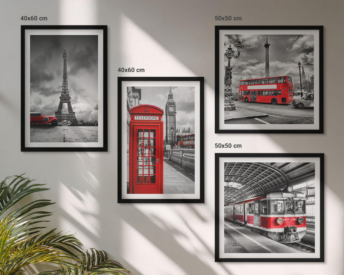 WANDBILDER 4er-Set - 50x50 cm & 40x60 cm Schwarzer Rahmen - Ikonische Städte London Paris Eisenbahn - Schwarz, Kunststoff (50/50cm) - ArtPrintCave