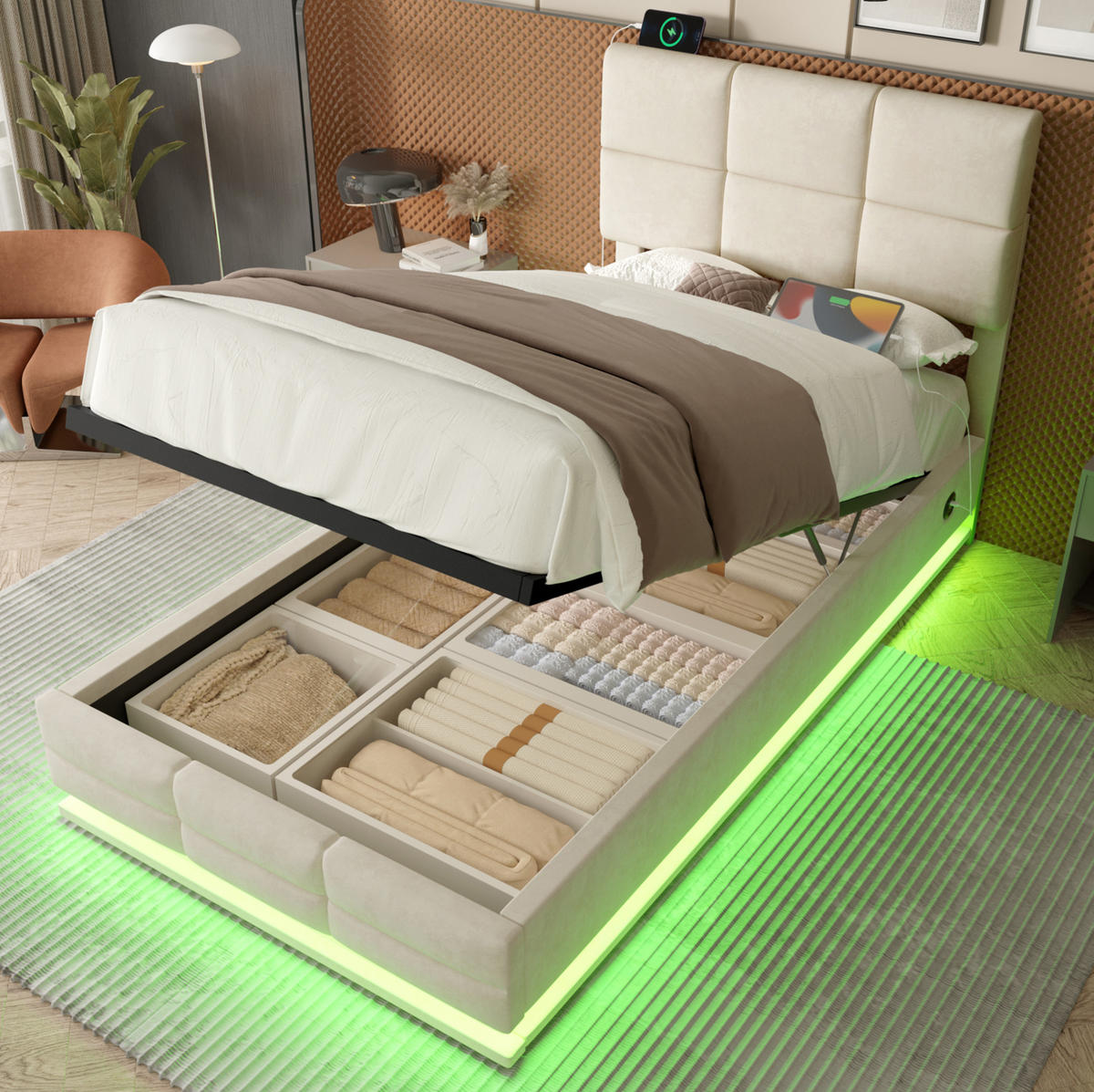 POLSTERBETT 90/200 cm mit LED-Beleuchtung, USB-Anschlüssen, hydraulischem Stauraum und verstellbarem Kopfteil, Beige - Beige, Textil (90/200cm) - Redom